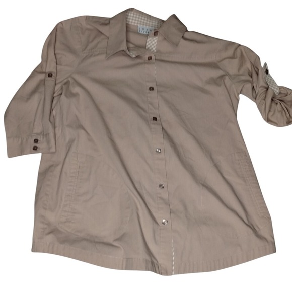 Joan Rivers‎ Button-Up Tunic Top Roll-Tab Sleeve Pockets Beige Size S - Picture 1 of 8